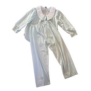 Bellina Pajama Set Womens Med Striped Embroidered Collar Mint Green Flannel Feel